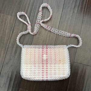 Isaac Mizrahi Large Bead Beaded Crossbody Bag Pink and White